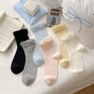 Spring Women Girl Ruffle Cotton Solid Color Socks Thin Fashionable Daily Soft Casual Sock