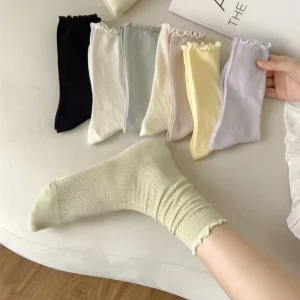 Spring Women Ruffle Cotton Solid Candy Color Socks Breathable Fashionable Daily Knitted Soft Casual Sock