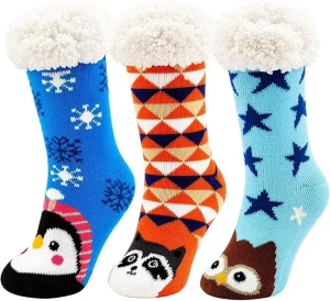 Spring Women Warm Breathable Mid Calf Cuff Socks Plush Lined Standard Color Block Knitted Anti Slip Indoor Slipper Daily Use