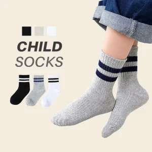 Spring and Autumn Striped Black and White Gray College Style Boys Girls Socks Solid Color Striped Children’s Socks