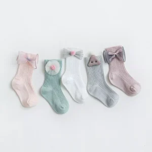 Spring and Summer Breathable Baby Socks Mid Calf Double Needle Bow Lace Loose Solid Color Newborn Children’s Socks