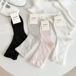 Spring and Summer Thin Retro Bohemian Lace Knitted Mid Calf Hollow Stacking Socks Children’s Japanese