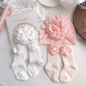 Stock High Quality 0-12 Months Newborn Baby Hat Socks Set Cotton Girl Baby Hat Middle Tube Baby Anti Slip Socks