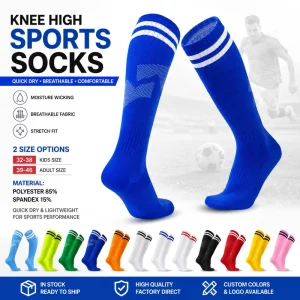 Stock Ready Low MOQ Kids Adult Sizes Available Football Socks Optional Colors Unisex Wear Soccer Socks Knee High Socks