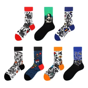 Street Wear Hip Hop Fashion Men’s Crew Dress Socks 100% Cotton Breathable Anti slip Character Print Bottom Body Logo