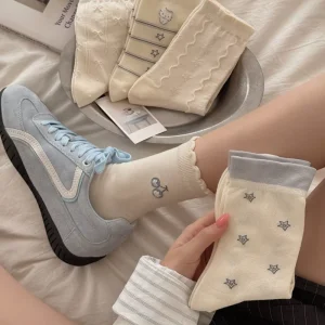 Striped Cartoon Printed Women’s Socks Cream Colored Minimalist Style Women’s Socks