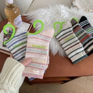 Striped Color-blocking Wool Socks Women’s Mid-calf Socks Thickened And Warm Wool Dot Yarn Socks For Autumn And Winter
