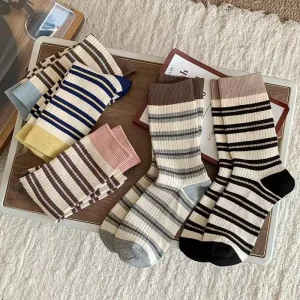 Striped Cotton Women’s Socks Custom Logo Double Needle Knitted One Size
