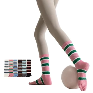 Striped Crew Five Finger Socks Women’s Autumn Casual Non Slip Anti Bacterial Knitted Yoga Fitness Spandex Nylon Cotton
