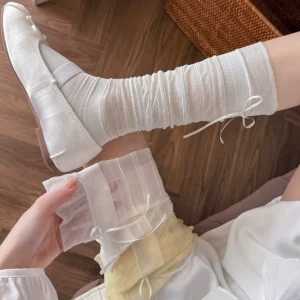 Striped Woven Dress Socks Ballet Girls Style Trendy Ultra Thin Meshed Crinkle Ladies Long Socks with Sweet Bow Decoration