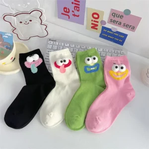 Style 3D Eye Socks for Women Breathable Cotton Crew Sock One Size Spandex Material Cute Summer Knitted Daily Use
