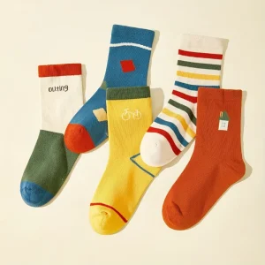 Stylish 5-Pair Pack of Color-Block Striped Spring Infant and Toddler Socks Soft Skin-Friendly Crew Socks with Needle Detection