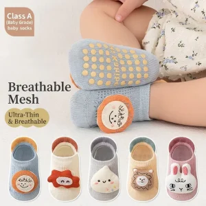 Summer Baby Crew Mesh Ankle Socks with Cartoon 3D Plush Toy Dolls Breathable Non-Slip Soft Cotton Slipper Socks Back Heel Tabs