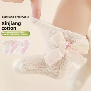 Summer Children’s Baby Socks Mesh Thin Cotton Knitted Mid-calf Boneless Lace Bow Sweat-absorbent