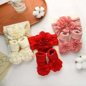 Summer Children’s Headband Socks Set Newborn Baby Hundred-Day Gift Infant Fontanelle Protection Cute Flowers Print Sets