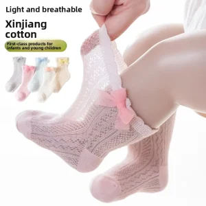 Summer Children’s Socks Knitted Mesh Thin Cotton Baby Knee-High Socks Seamless Infant Socks Lace Bow-Knot Sweat-Absorbent