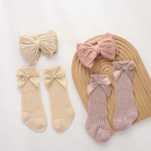 Summer Cross level New Children’s Hair Band Socks Set Double Bow Jacquard Nylon Headband Cotton Hollow Tube Socks