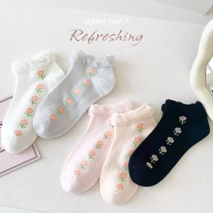Summer Korean Children’s Cute Thin Casual Flower Pattern Deodorant Sweat Absorbing Boat Socks for Boys and Girls