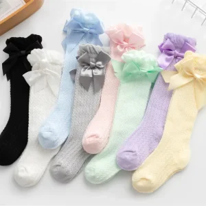 Summer Mesh Cotton Baby Stockings Baby Bow Thin Over Knee Stockings Baby Prevent Mosquito Socks Candy Color