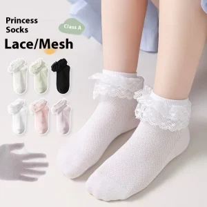 Summer Mesh Girls’ Lace Butterfly Pattern Princess Socks Japanese Style High Elastic Crew Sweat-Absorbent Breathable for Small