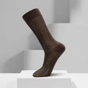 Summer Mid-calf Brown Crew Socks Thin Nylon Silk Sheer Dress Socks Casual Business Anti-snag Men’s Dress Socks
