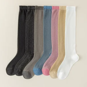 Summer Thin Calf Knee High Stockings Women’s Pile Gold Silver Wire Sparkling Knee Seamless Toe Long Tube Socks