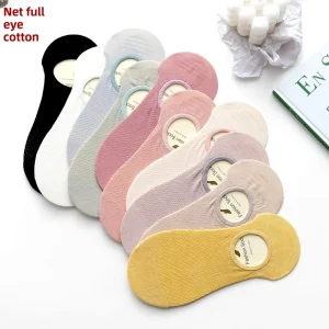 Summer Thin Women’s Knitted Boat Socks Anti-Slip Cotton Yarn Mesh No Show Invisible Socks