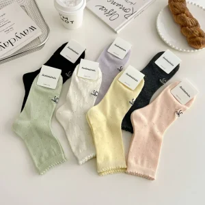 Summer and Spring Lace Mid-Calf Socks with Bowholes and Delicate Hollow Designs for Women