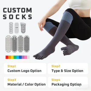Terry Cushion Knee High Five Toe Yoga Socks with Thick Silicone Dot Sole for Joint Protection