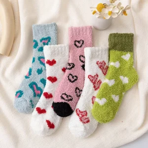 Terry Fleece-lined Socks Winter Fluffy Fuzzy Heart Print Comfy Cozy Warm Home Socks for Women Girl