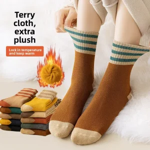 Terry Socks Women Autumn Winter Fleece Lined Thickened Mid Calf Three Stripe Warm Sweat-absorbent Socks
