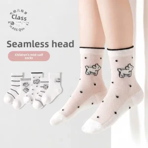 Thin Knitted Breathable Summer Mesh Black and White Seamless Unisex Toddler Socks Mid Calf Cartoon Animal Puppy Design