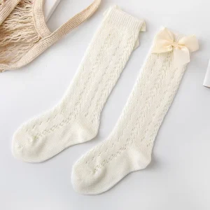 Thin Knitted Children’s Socks for Newborn Baby Girls with Bow and Circle Pattern