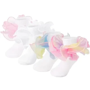 Toddler Girls Breathable 100% Cotton Ruffle Double Lace Frilly Turn Cuff Ankle Dress Socks for Kids