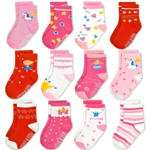 Toddler Girls Crew Socks 12 Pack Non Slip Breathable with Grips Polyester Cotton Cartoon Design for 3-5 Years Kids