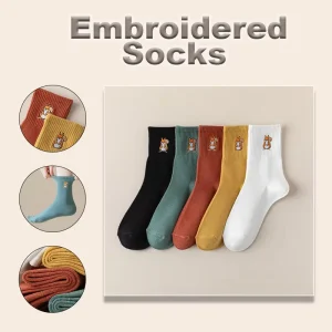 Trendy Korean Spring Casual Multicolor Mid Calf Socks with Cute Squirrel Embroidery 100% Cotton Breathable Socks