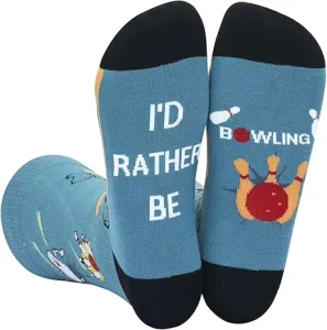 Trendy Mid Crew Socks Custom Bowling Themed Socks Cartoon Pattern Novelty Athletic Socks with Unique Text for Casual Sports Wear