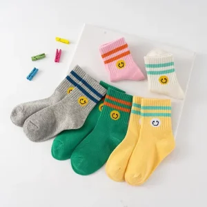 Two Stripes Smile Face Combed Cotton Kids Child Crew Sports Baby Socks