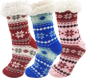 Ultra Soft Fluffy Thermal Sherpa Slipper Socks for Women Non Skid Christmas Winter Knitted with Cartoon Pattern