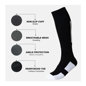 Unisex Black White Contrast Knee High Compression Socks Breathable Mesh Moisture Wicking Leg Fatigue Relief Travel Sports Socks