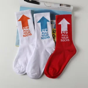 Unisex Breathable Jacquard Crew Socks Red Blue Orange Letter Pattern Cotton Bottom Logo for Spring Running