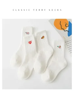 Unisex Classic Terry Crew Socks Knitted Non-Slip Sweat-Absorbent Mid-Calf Socks Cute Cartoon Embroidery (White Cotton 4