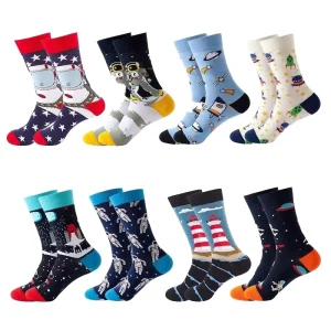 Unisex Funky Space Astronaut Patterned Cotton Crew Trendy Novelty Autumn Casual Breathable Anti-Bacterial Body Socks