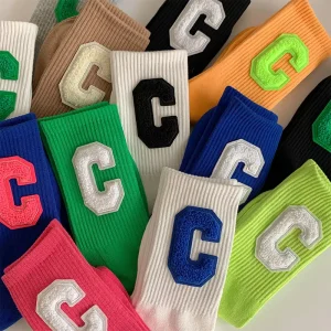 Unisex Mid-Tube Crew Socks Big C Letters Women’s Sports Trend Ins Street Style Autumn Daily Use Sports Couple Socks Logo Cuff