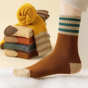Unisex Winter Thick Fleece Self Heating Knitted Polyester Terry Striped Crew Socks Breathable Casual
