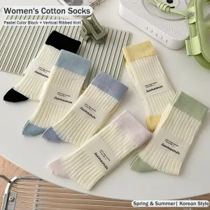Versatile Contrast Color Medium Cotton Socks Spring Summer Thin Pile Socks Women’s Sweat-absorbing Breathable Multi-color Option