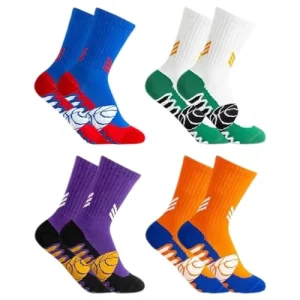 WIRZUL 4 Pairs Children’s Pure Cotton Knitted Anti Slip Basketball Sports Socks Mid Tube Fitness Fashionable Outdoor Casual Soft