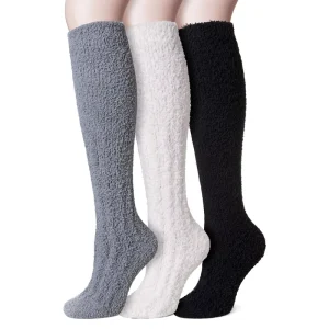 WJN Knitted Fuzzy Socks Women Knee High Fluffy Soft Breathable Polyester Warm Cozy Slipper Plush Winter Long Daily