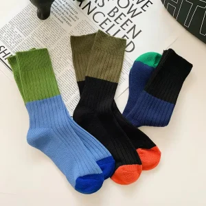 WUYANG FACTORY Colour blocked Chunky Knit Socks Thickened Retro Solid colour Cuffed Socks Mid calf Cotton Socks