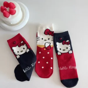 WZ-578 Girls’ Crew Socks Autumn Winter Warm Sweat-Absorbent Jacquard Cute Cartoon KT Cat Korean Style All-match Children’s Red